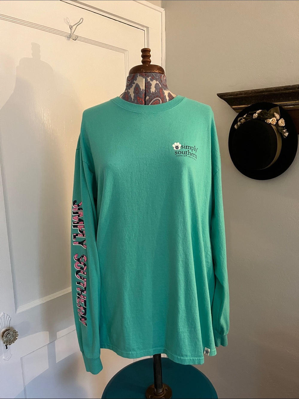Simply Southern Teal Long Sleeve Tee with Pink Sleeve Script